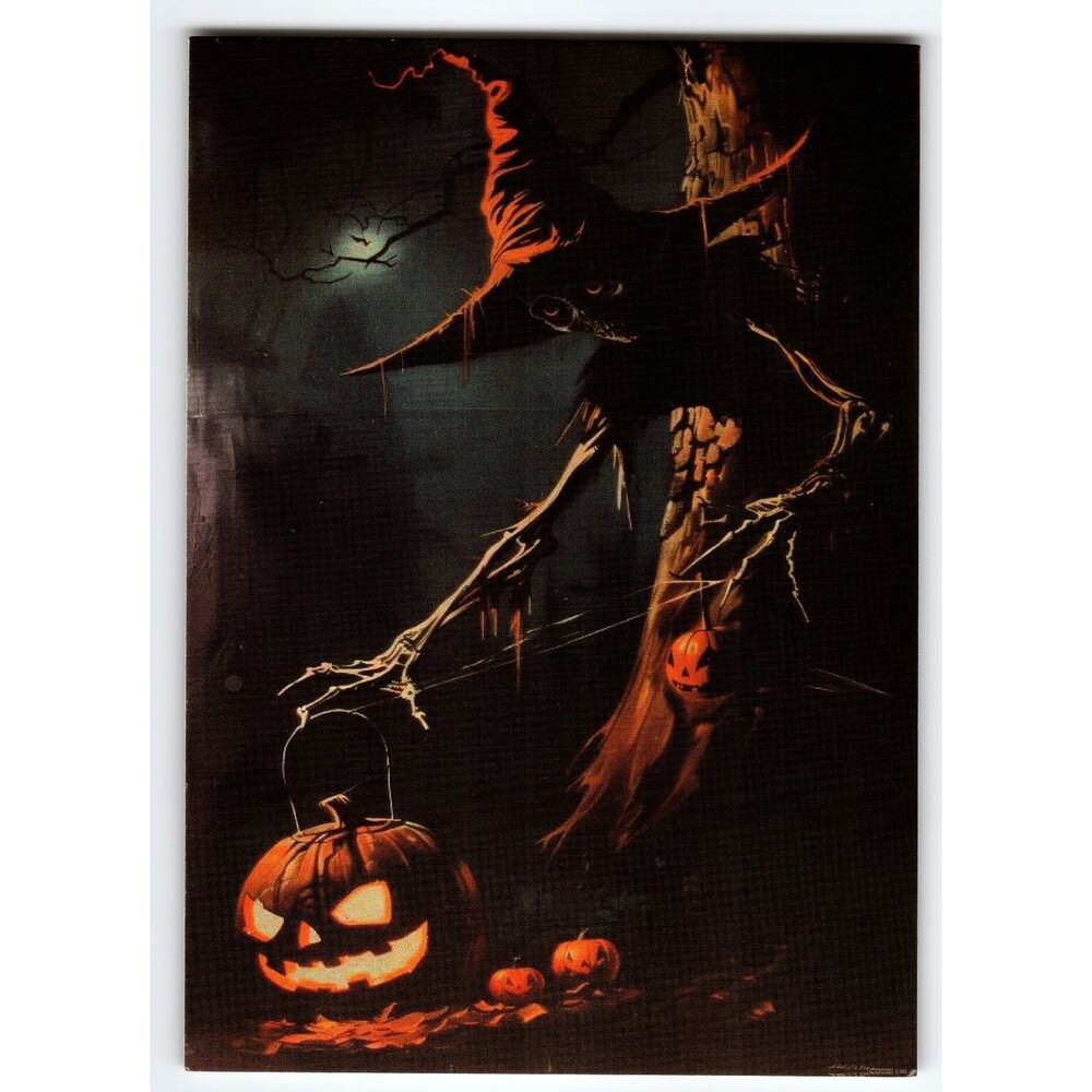 Vintage Halloween Witch Holding Jack-O'-Lantern Photochrome Postcard